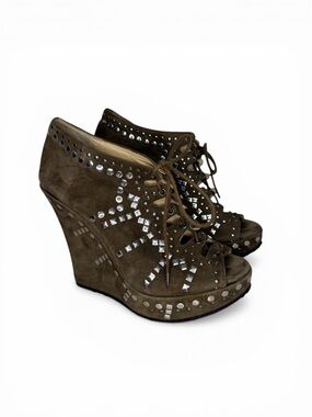 Jimmy Choo Studded Lace-Up Wedge Booties – Brown Suede – Size 36 (US 6)